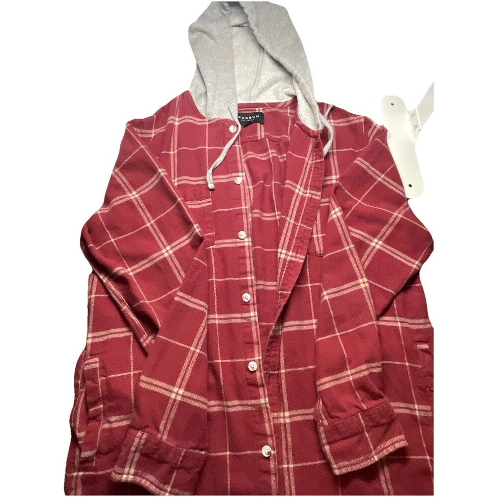 Pacsun Button Up Long Sleeve Hoodie Mens Size Medium M Red Beige Plaid 💯 Cotton